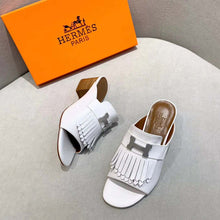 Load image into Gallery viewer, Hermes Women Alma Sandal Calfskin Fringe Detail Palladium Plated "H"-White
