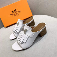 Load image into Gallery viewer, Hermes Women Alma Sandal Calfskin Fringe Detail Palladium Plated "H"-White