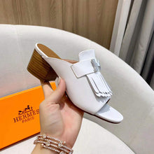 Load image into Gallery viewer, Hermes Women Alma Sandal Calfskin Fringe Detail Palladium Plated "H"-White