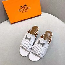 Load image into Gallery viewer, Hermes Women Alma Sandal Calfskin Fringe Detail Palladium Plated "H"-White