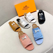 Load image into Gallery viewer, Hermes Women Alma Sandal Goatskin with Fringe Detail-Pink