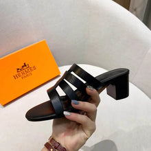 Load image into Gallery viewer, Hermes Women Amica Sandal Calfskin Two Intertwined Initials Straight Cut Edges-Black
