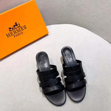Load image into Gallery viewer, Hermes Women Amica Sandal Calfskin Two Intertwined Initials Straight Cut Edges-Black
