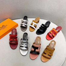 Load image into Gallery viewer, Hermes Women Amica Sandal Calfskin Two Intertwined Initials Straight Cut Edges-Black