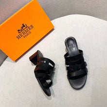 Load image into Gallery viewer, Hermes Women Amica Sandal Calfskin Two Intertwined Initials Straight Cut Edges-Black