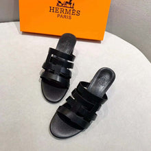 Load image into Gallery viewer, Hermes Women Amica Sandal Calfskin Two Intertwined Initials Straight Cut Edges-Black