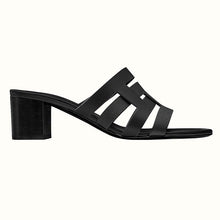 Load image into Gallery viewer, Hermes Women Amica Sandal Calfskin Two Intertwined Initials Straight Cut Edges-Black