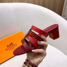 Load image into Gallery viewer, Hermes Women Amica Sandal Calfskin Two Intertwined Initials Straight Cut Edges-Red