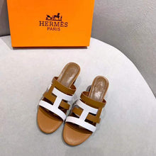 Load image into Gallery viewer, Hermes Women Amica Sandal Calfskin Two Intertwined Initials Straight Cut Edges-Sandy