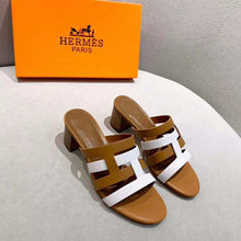 Load image into Gallery viewer, Hermes Women Amica Sandal Calfskin Two Intertwined Initials Straight Cut Edges-Sandy