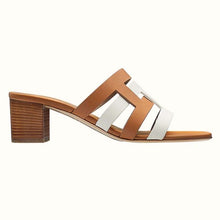Load image into Gallery viewer, Hermes Women Amica Sandal Calfskin Two Intertwined Initials Straight Cut Edges-Sandy