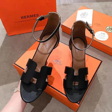Load image into Gallery viewer, Hermes Women Legend Sandal Calfskin Iconic "H" 7.5 cm Heel-Black