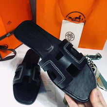 Load image into Gallery viewer, Hermes Women Oran Sandal Calfskin Stitched Detail Iconic "H"-Black