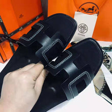 Load image into Gallery viewer, Hermes Women Oran Sandal Calfskin Stitched Detail Iconic "H"-Black