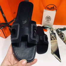 Load image into Gallery viewer, Hermes Women Oran Sandal Calfskin Stitched Detail Iconic "H"-Black