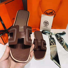 Load image into Gallery viewer, Hermes Women Oran Sandal Calfskin Stitched Detail Iconic "H"-Brown