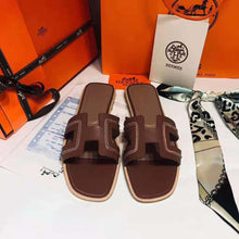 Load image into Gallery viewer, Hermes Women Oran Sandal Calfskin Stitched Detail Iconic "H"-Brown