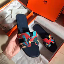 Load image into Gallery viewer, Hermes Women Oran Sandal Cotton Canvas "Faubourg Rainbow" Print-Navy