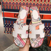 Load image into Gallery viewer, Hermes Women Oran Sandal Cotton Canvas "Faubourg Rainbow" Print-White
