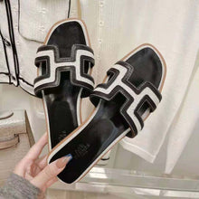 Load image into Gallery viewer, Hermes Women Oran Sandal in Calfskin and H Canvas with Iconic H Cut-Out-Black