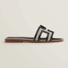 Load image into Gallery viewer, Hermes Women Oran Sandal in Calfskin and H Canvas with Iconic H Cut-Out-Black