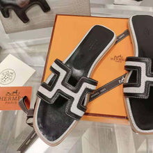 Load image into Gallery viewer, Hermes Women Oran Sandal in Calfskin and H Canvas with Iconic H Cut-Out-Black