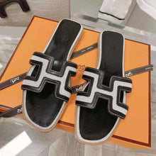 Load image into Gallery viewer, Hermes Women Oran Sandal in Calfskin and H Canvas with Iconic H Cut-Out-Black