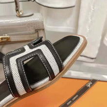 Load image into Gallery viewer, Hermes Women Oran Sandal in Calfskin and H Canvas with Iconic H Cut-Out-Black