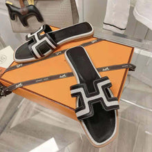 Load image into Gallery viewer, Hermes Women Oran Sandal in Calfskin and H Canvas with Iconic H Cut-Out-Black