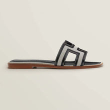 Load image into Gallery viewer, Hermes Women Oran Sandal in Calfskin and H Canvas with Iconic H Cut-Out-Black