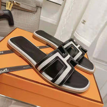 Load image into Gallery viewer, Hermes Women Oran Sandal in Calfskin and H Canvas with Iconic H Cut-Out-Black