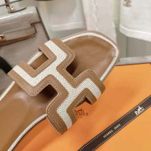 Load image into Gallery viewer, Hermes Women Oran Sandal in Calfskin and H Canvas with Iconic H Cut-Out-Brown