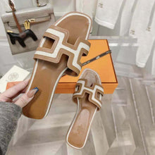 Load image into Gallery viewer, Hermes Women Oran Sandal in Calfskin and H Canvas with Iconic H Cut-Out-Brown