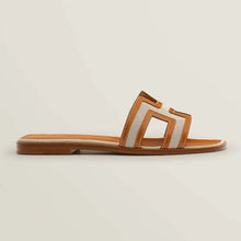 Load image into Gallery viewer, Hermes Women Oran Sandal in Calfskin and H Canvas with Iconic H Cut-Out-Brown