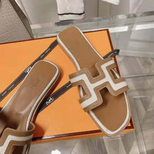 Load image into Gallery viewer, Hermes Women Oran Sandal in Calfskin and H Canvas with Iconic H Cut-Out-Brown