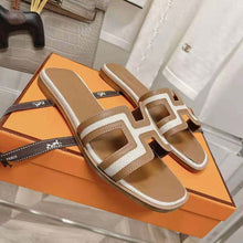 Load image into Gallery viewer, Hermes Women Oran Sandal in Calfskin and H Canvas with Iconic H Cut-Out-Brown
