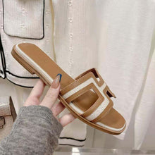 Load image into Gallery viewer, Hermes Women Oran Sandal in Calfskin and H Canvas with Iconic H Cut-Out-Brown