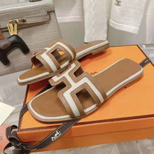 Load image into Gallery viewer, Hermes Women Oran Sandal in Calfskin and H Canvas with Iconic H Cut-Out-Brown