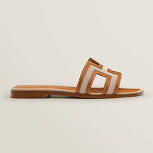 Load image into Gallery viewer, Hermes Women Oran Sandal in Calfskin and H Canvas with Iconic H Cut-Out-Brown
