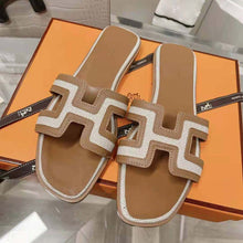 Load image into Gallery viewer, Hermes Women Oran Sandal in Calfskin and H Canvas with Iconic H Cut-Out-Brown