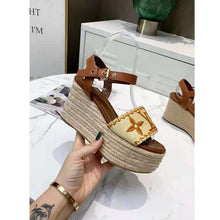 Load image into Gallery viewer, Louis Vuitton LV Women Boundary Wedge Sandal Cognac Brown Raffia Rope Sole Rubber Outsole