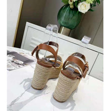 Load image into Gallery viewer, Louis Vuitton LV Women Boundary Wedge Sandal Cognac Brown Raffia Rope Sole Rubber Outsole