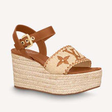 Load image into Gallery viewer, Louis Vuitton LV Women Boundary Wedge Sandal Cognac Brown Raffia Rope Sole Rubber Outsole