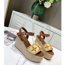 Load image into Gallery viewer, Louis Vuitton LV Women Boundary Wedge Sandal Cognac Brown Raffia Rope Sole Rubber Outsole