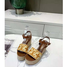 Load image into Gallery viewer, Louis Vuitton LV Women Boundary Wedge Sandal Cognac Brown Raffia Rope Sole Rubber Outsole