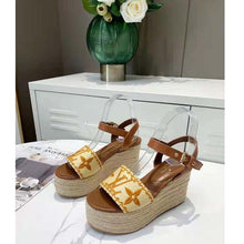 Load image into Gallery viewer, Louis Vuitton LV Women Boundary Wedge Sandal Cognac Brown Raffia Rope Sole Rubber Outsole