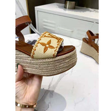 Load image into Gallery viewer, Louis Vuitton LV Women Boundary Wedge Sandal Cognac Brown Raffia Rope Sole Rubber Outsole