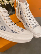 Load image into Gallery viewer, Louis Vuitton Stellar Sneaker Boot Patent Monogram Canvas Blue/White For Women LV
