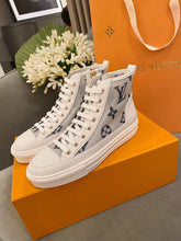 Load image into Gallery viewer, Louis Vuitton Stellar Sneaker Boot Patent Monogram Canvas Blue/White For Women LV