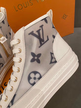 Load image into Gallery viewer, Louis Vuitton Stellar Sneaker Boot Patent Monogram Canvas Blue/White For Women LV